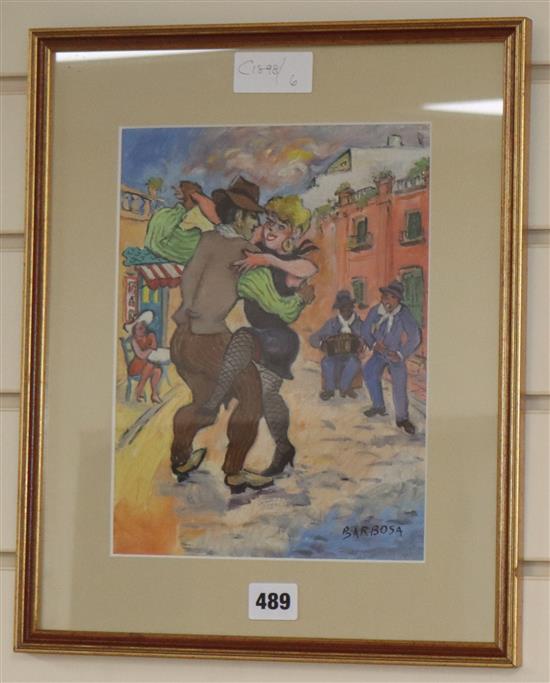 Barbosa (South American), watercolour, Figures dancing in the street, signed, 26 x 20cm
